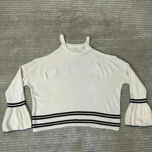 Knitted & knitted cold/off shoulder ruffle sleeve stripe cotton sweater top - Picture 5 of 6